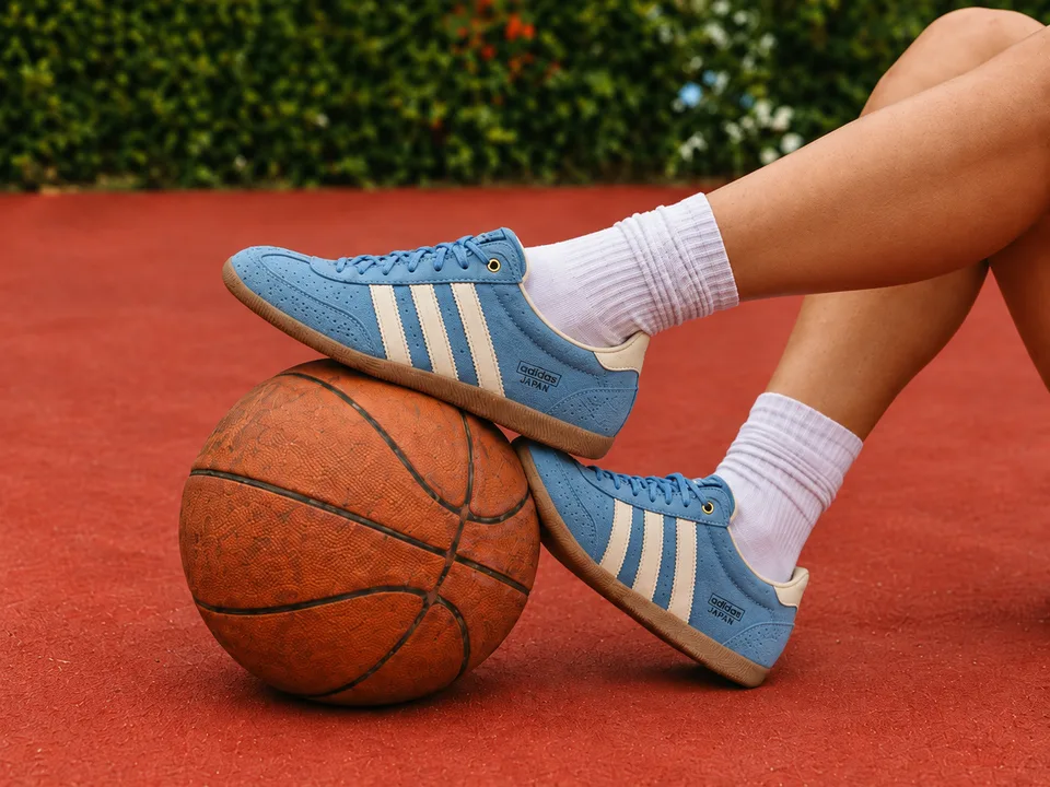 Legs in white socks and light-blue sneakers resting on a basketball against a red background