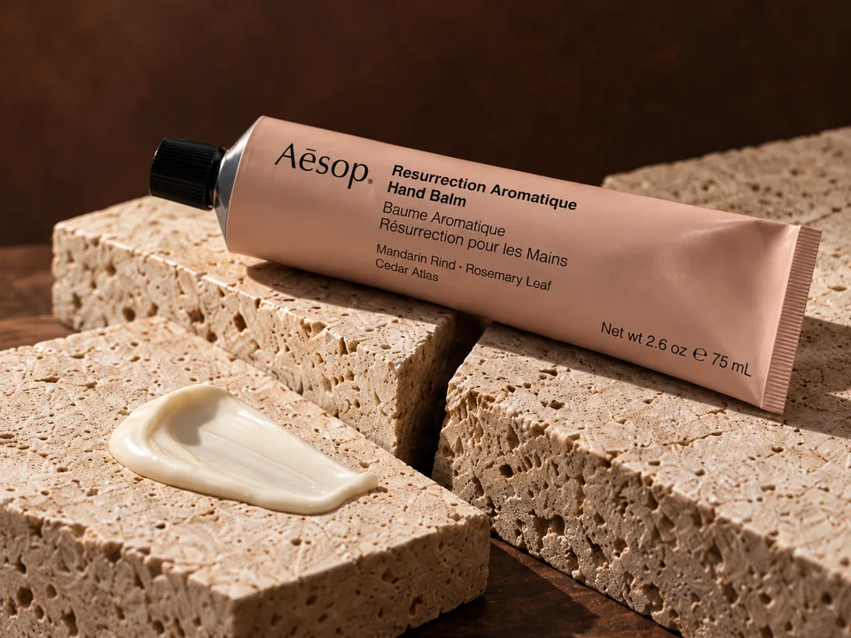 Aēsop hand balm tube on light sandstone blocks with a dab of cream