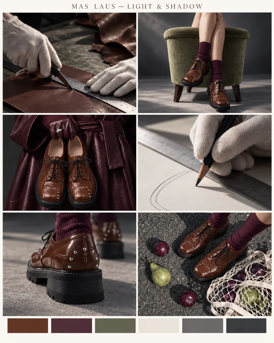 Concept collage for a shoe campaign: detail shots of brown shoes, burgundy fabric and a colour palette