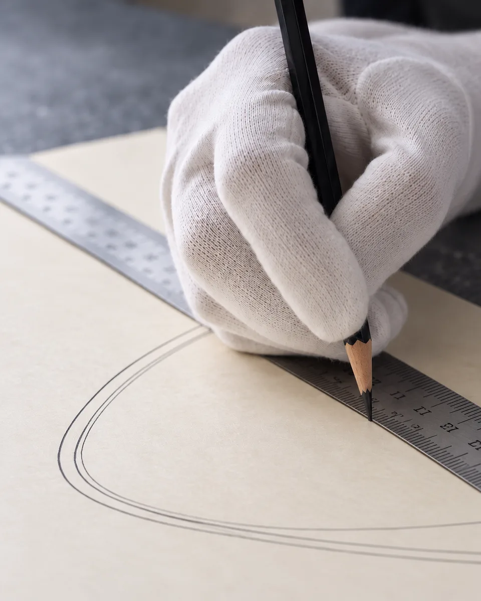 A hand in a white glove sketching a design on paper with pencil and ruler
