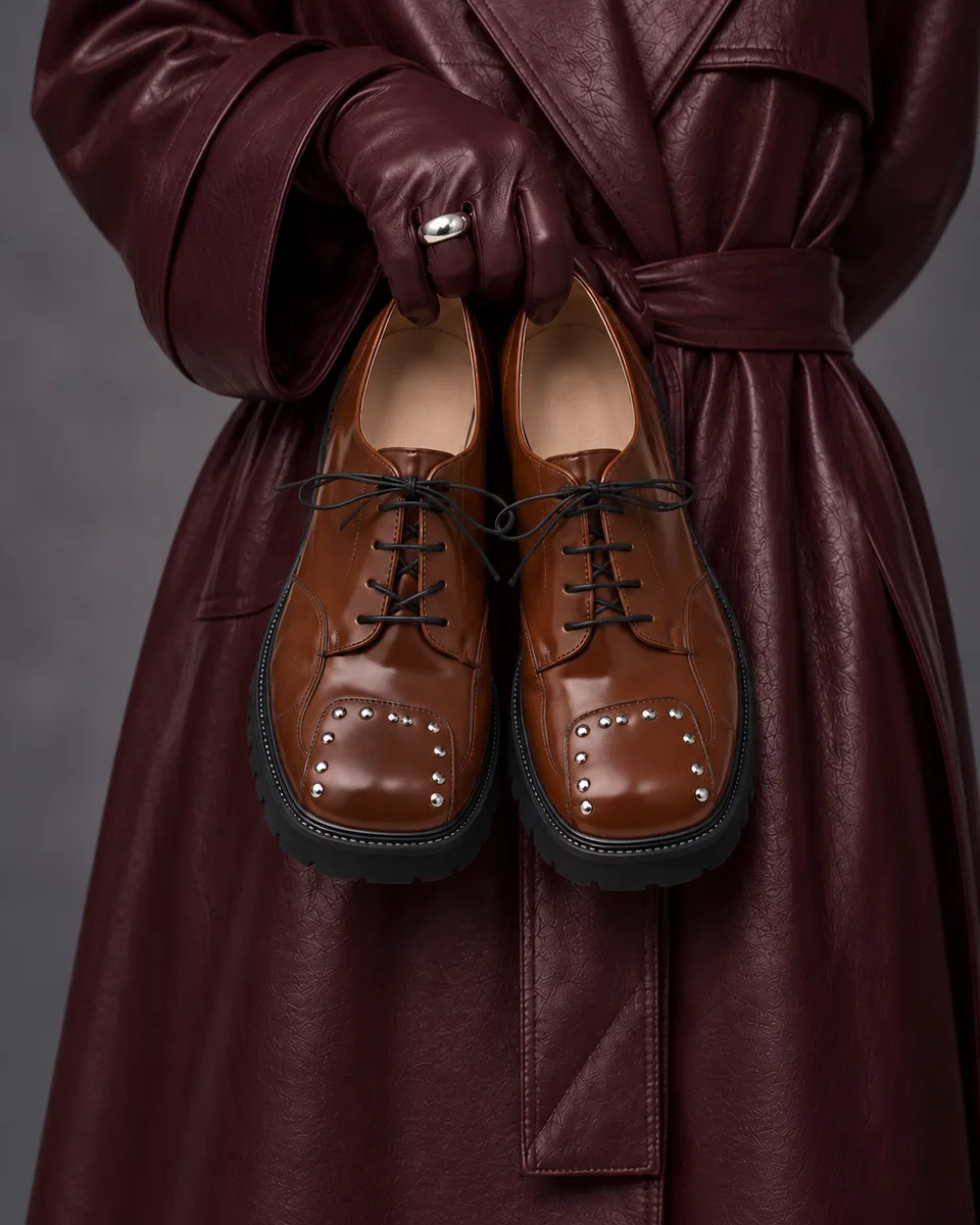 Final image: hands in burgundy gloves holding brown shoes in front of a burgundy coat